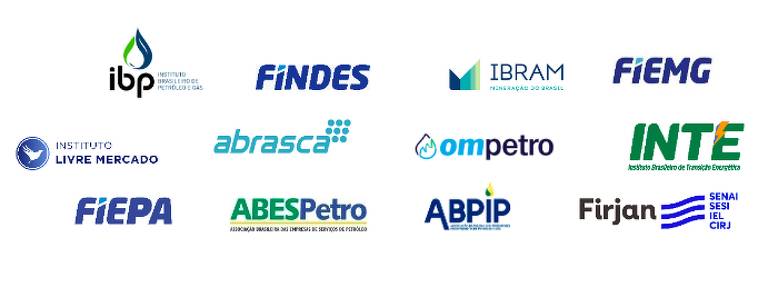 A imagem apresenta uma série de logotipos de diferentes organizações. Os logotipos incluem: ibp, FINDES, IBRAM, FiEMG, FiEPA, Instituto Livre Mercado, abrasca, ompetro, INTE, ABESPetro, ABPIP, Firjan, e SENAI SESI CEL.