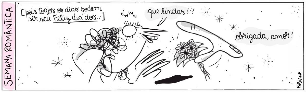 A tira Viver Dói, Fabiane Langona, publicada em 16/06/25 intitulada “Semana romântica [pois todos os dias podem ser seu Feliz dia dos…] ”, é composta por um único quadro horizontal. Nele vemos uma moça olhando carinhosamente emocionada para um vibrador que oferece a ela - com a mãozinha do estimulador clitoriano, um belíssimo buquê de flores. 