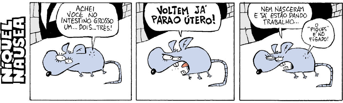 Quadrinho 01 – A ratinha está grávida. Ouve uma voz dentro dela: Achei você no intestino grosso...1...2...3 Quadrinho 02 – Ela grita, brava: Voltem já para o útero! Quadrinho 03 – Ela fala: Nem nasceram e já estão dando trabalho! Uma vozinha dentro dela diz: o “piques” é no fígado.