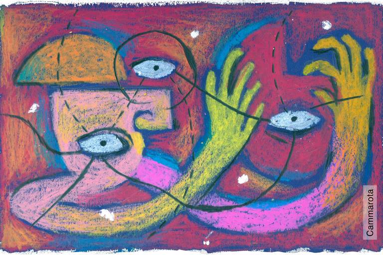 A imagem apresenta uma composição abstrata com figuras humanas estilizadas, onde duas faces se entrelaçam. As figuras têm olhos grandes e expressivos, e estão cercadas por linhas que sugerem movimento e conexão. As cores predominantes são tons de rosa, vermelho, amarelo e azul, criando um contraste vibrante. O fundo é de um tom avermelhado, que destaca as formas e as expressões das figuras.