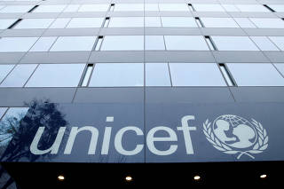 FILE PHOTO: A UNICEF logo is pictured outside their offices in Geneva