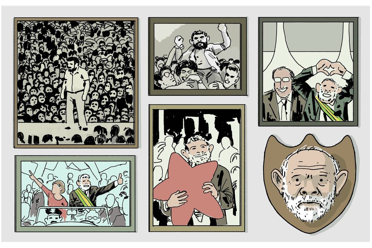 A imagem apresenta uma colagem de ilustrações em quadrinhos que retratam diferentes momentos de Lula. No canto superior esquerdo, uma multidão aplaude Lula em um palanque. Ao lado, uma imagem de Lula, levantando os braços em celebração. Abaixo, uma cena de um comício, onde Dilma e Lula seguram bandeiras, enquanto outra figura aplaude. No centro, Lula com uma estrela vermelha, e à direita, Lula e Alckmin na posse. Por fim, a cabeça de Lula pendurada em uma parede, como um animal caçado.