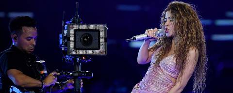 Colombian singer Shakira performs during the worldwide launch of her 'Las Mujeres ya no Lloran' tour at the Atanasio Girardot Stadium in Medellin, Colombia on April 12, 2025. (Photo by JAIME SALDARRIAGA / AFP)