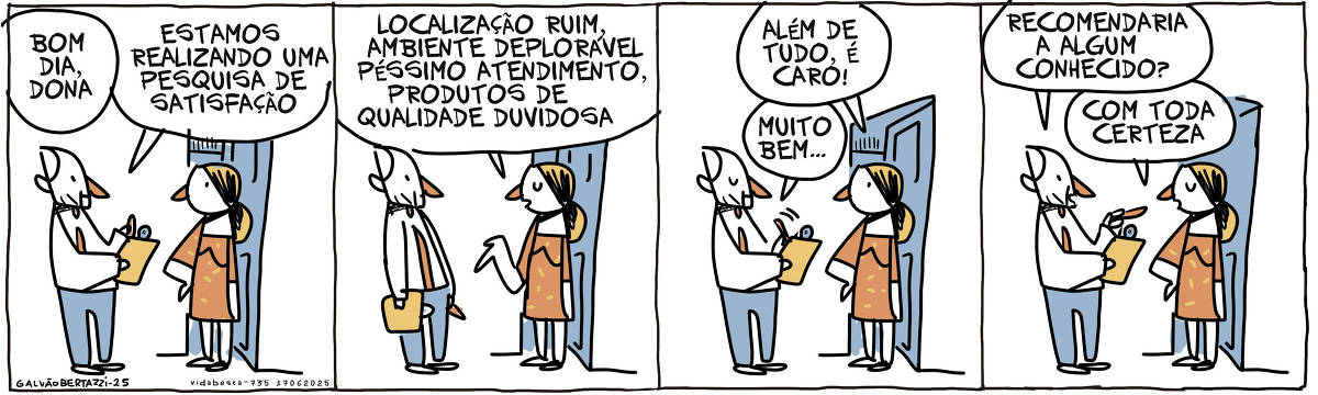 A tira de Galvão Bertazzi se chama Vida Besta e está dividida em quatro quadros. No primeiro quadro um homem segura uma prancheta na mão e está em pé em frente à uma senhora em pé na porta de casa. O homem diz: Bom dia, dona. Estamos realizando uma pesquisa de satisfação. No segundo quadro a mulher diz: Localização ruim, ambiente deplorável, péssimo atendimento, produtos de qualidade duvidosa. NO terceiro quadro a moça continua: Além de tudo é caro! O homem parece escrever na prancheta e diz: Muito bem... No quarto quadro o homem pergunta: Recomendaria a algum conhecido? A moça responde: Com toda certeza.