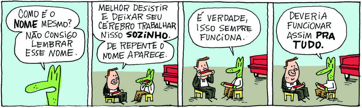 A tirinha BICUDINHO, publicada em 17/06/2025, com 4 quadrinhos, traz ROBERTINHO, um lagarto com camiseta e calça  e o PROFESSOR ROCHA, homem branco, gordinho, calça e paletó e cavanhaque.  Estão sentados em banquinhos comendo hot-dogs, ao lado de um food-truck. No quadrinho 1,  Robertinho diz: Como é o nome mesmo? Não consigo lembrar esse nome. No quadrinho 2, o professor diz: Melhor desistir e deixar seu cérebro trabalhar nisso sozinho. De repente o nome aparece.  No quadrinho 3, Robertinho diz: É verdade, isso sempre funciona. No quadrinho 4, Robertinho conclui: Deveria funcionar assim pra tudo.