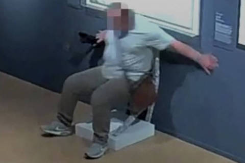 A video grab taken from a CCTV footage released by Palazzo Maffei museum on June 16, 2025 shows two tourists breaking a crystal-covered chair displayed as they are taking pictures at Palazzo Maffei museum in Verona and then fleeing once the damage became apparent. The Van Gogh chair by artist Nicola Bolla was described by the Palazzo Maffei museum as extremely fragile and covered in a myriad of Swarovski crystal. The footage showed the chair buckling under the weight of a male tourist who appeared to stubble backwards onto the chair as he was posing for a photo. The museum said it was initially concerned that it would not be possible to restore the chair, but great efforts by restorers meant that the piece is shining once again. (Photo by Handout / Palazzo Maffei museum / AFP) / RESTRICTED TO EDITORIAL USE - MANDATORY CREDIT 