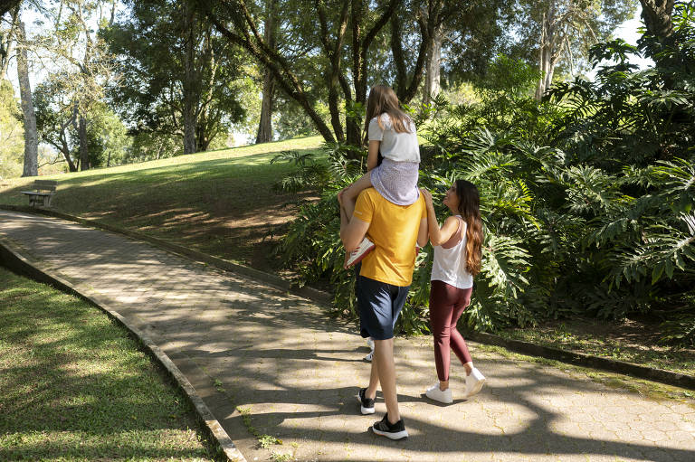 Família caminha de costas. Um homem com criança no ombro e uma mulher à sua direita. Caminham em alameda