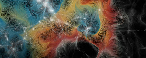 An artist's conception depicts warm, thin gas in a vast region between galaxies - called the intergalactic medium, in this handout illustration image obtained by REUTERS. Blue highlights denser regions of the cosmic web, transitioning to redder light for void areas. Courtesy of Jack Madden, IllustrisTNG, Ralf Konietzka, Liam Connor/CfA/Handout via REUTERS/Illustration   THIS IMAGE HAS BEEN SUPPLIED BY A THIRD PARTY. NO RESALES. NO ARCHIVES ORG XMIT: HFS-302