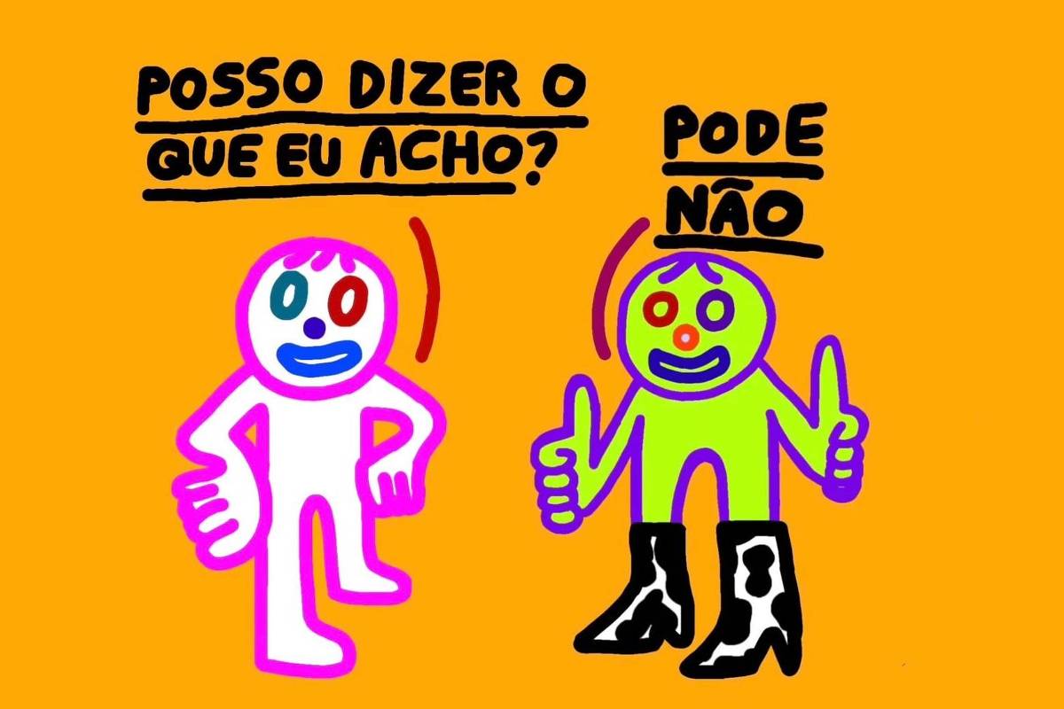 A imagem apresenta dois personagens estilizados em um fundo laranja. O personagem à esquerda, de cor rosa, tem um sorriso e levanta a mão, com a frase "POSSO DIZER O QUE EU ACHO?" acima dele. O personagem à direita, de cor verde, também sorridente, está com os braços cruzados e usa botas pretas, com a frase "PODE NÃO" acima dele.