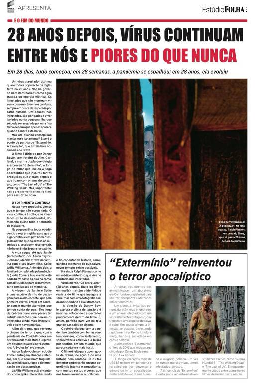 A imagem é uma página de jornal com o título em destaque: '28 ANOS DEPOIS, VÍRUS CONTINUAM ENTRE NÓS E PIORES DO QUE NUNCA'. O texto discute a situação da pandemia após 28 anos. Há uma imagem de um homem em um ambiente apocalíptico, possivelmente relacionado ao tema do artigo. O layout é típico de um jornal, com colunas de texto e imagens.