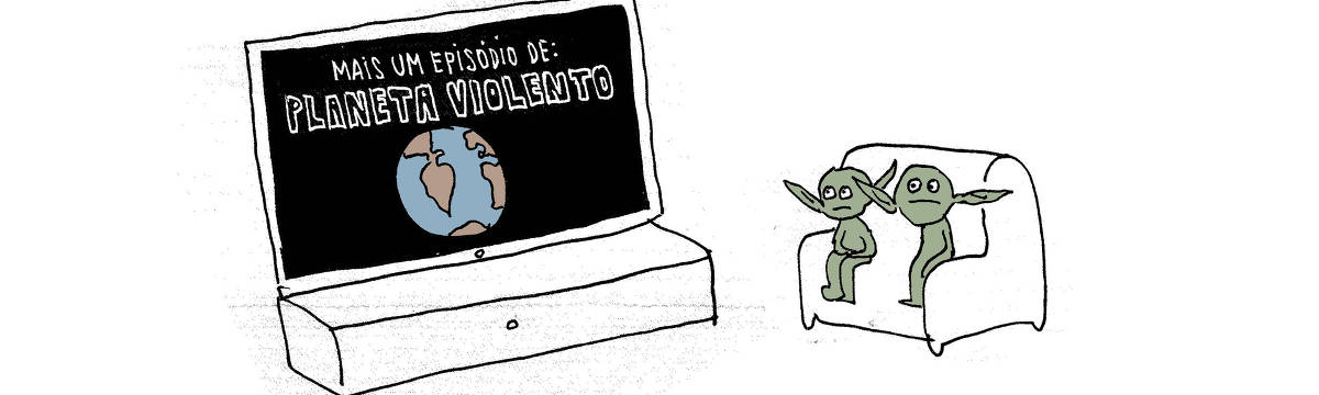 A tira de André Dahmer, publicada em 18.06.2025, tem apenas um quadro. Nele, dois extraterrestres assistem TV. A tela mostra o planeta Terra. Há uma legenda que diz: "Mais um episódio de Planeta Violento"