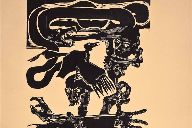 A imagem apresenta uma obra de arte em estilo expressionista, predominantemente em preto e branco. A composição é complexa, com figuras distorcidas e expressões dramáticas. Elementos como mãos, rostos e formas abstratas se entrelaçam, criando uma sensação de movimento e tensão. O fundo é de um tom claro, contrastando com as figuras escuras que parecem emergir de uma base rochosa.