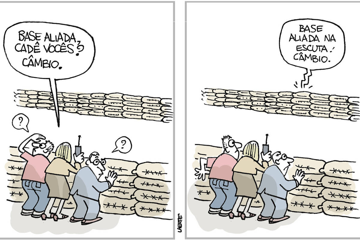 Charge de Laerte, em 2 imagens. 1) Atrás de uma trincheira de sacos de areia, como num campo de batalha, estão 3 pessoas - uma mulher, um homem com camiseta vermelha e um outro de paletó. Eles estão vigilantes em relação a uma outra linha de trincheira de sacos de areia, a uma certa distância, oposta à deles. Os dois homens olham em volta, à procura de alguém. A mulher tem um walkie-talkie e chama: “Base aliada, cadê vocês? Câmbio.” 2) Para surpresa dos 3 do lado de cá, o wlakie-talkie de alguém responde de lá de trás da trincheira oposta: “Base aliada na escuta! Câmbio.”