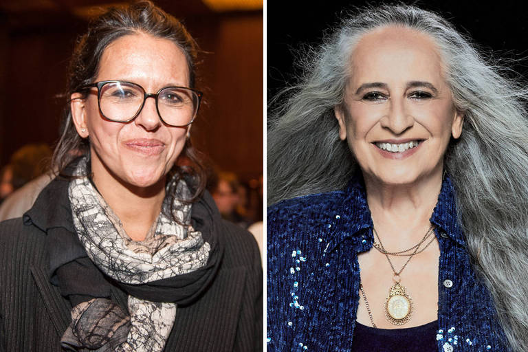 A imagem apresenta duas mulheres em retratos separados. À esquerda, uma mulher com cabelo castanho claro, usando óculos grandes e uma blusa escura, sorrindo levemente. À direita, uma mulher com cabelo longo e grisalho, sorrindo amplamente, vestindo uma blusa azul brilhante e um colar. O fundo é neutro em ambas as fotos.