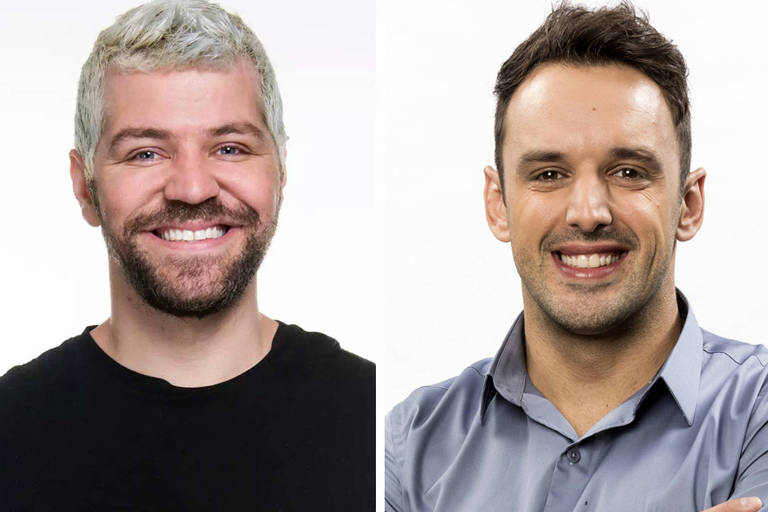 A imagem apresenta dois homens em retratos separados. O homem à esquerda tem cabelo curto e platinado, com barba e está sorrindo, vestindo uma camiseta preta. O homem à direita tem cabelo castanho escuro, liso e está sorrindo, usando uma camisa azul clara. O fundo é branco em ambos os retratos.