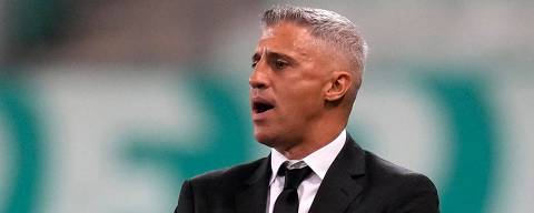 Sao Paulo's head coach Argentine Hernan Crespo gestures during the all-Brazilian Copa Libertadores quarter-finals second leg football match between Palmeiras and Sao Paulo at the Allianz Parque Stadium in Sao Paulo, Brazil, on August 17, 2021. (Photo by Andre Penner / POOL / AFP)