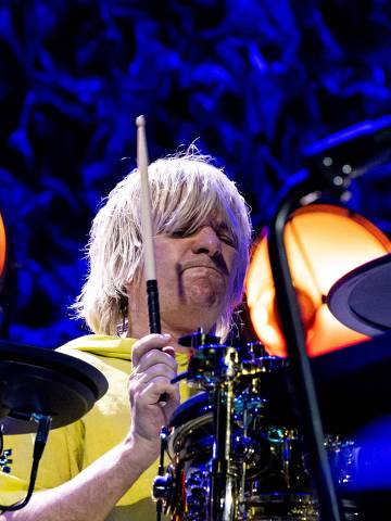 English drummer Zak Starkey of English rock band The Who performs on stage at the Paris La Defense Arena in Nanterre, western Paris, on June 23, 2023. (Photo by Anna KURTH / AFP)