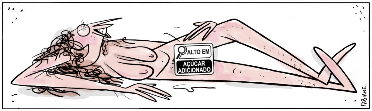 A tira Viver Dói, de Fabiane Langona, publicada em 20/06/25 é composta por um único quadro horizontal onde vemos uma moça nua com sedosos cabelos encaracolados e rebeldes deitada com expressão levemente safadona. Sobre sua vulva, vemos um selo de rotulagem alimentar da ANVISA.  No quadrinho 1, o selo sobre suas partes íntimas diz: “Alto em açúcar adicionado”. 
