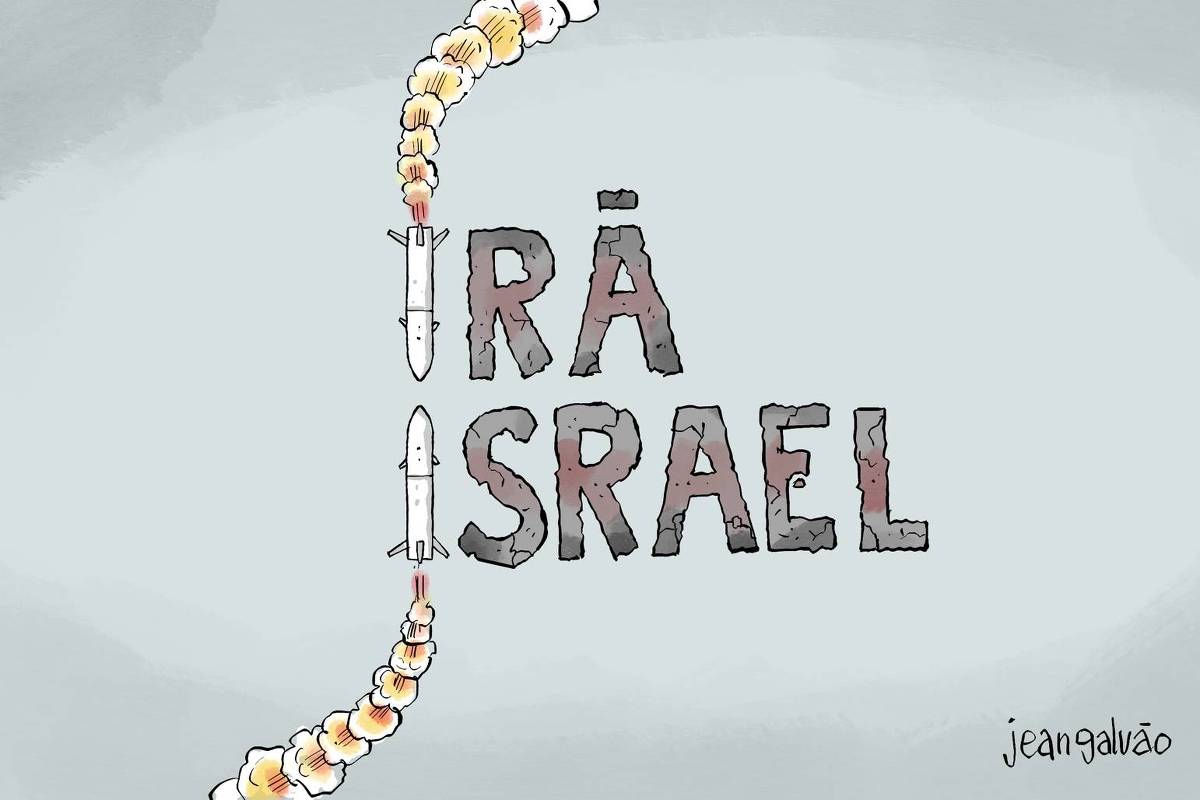 exto para todos verem: A charge de Jean Galvão publicada na Folha tem uma cena apenas. Duas palavras estão escritas: Irã e Israel. Irã está acima da palavra Israel. As letras são desenhadas como se fossem de concreto, um tanto destruídas. As iniciais da duas palavras, as letras “I”, são mísseis, um lançado contra o outro, soltando fumaça atrás de sua trajetória..
