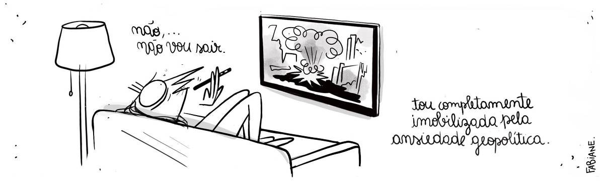 A tira Viver Dói, de Fabiane Langona, publicada em 21/06/25 é composta por um único quadro horizontal onde vemos uma moça deitada em um sofá, com expressão de cansaço e insônia. Ela está assistindo à televisão, onde, na tela, vemos a imagem de uma explosão cercada por escombros. Ao lado do sofá há um abajour, criando um clima doméstico. A personagem tem um smartphone em mãos, no qual envia um áudio em resposta a alguém.    No quadrinho 1, a moça, através do áudio, diz: “Não, não vou sair. Estou completamente imobilizada pela ansiedade geopolítica.”.