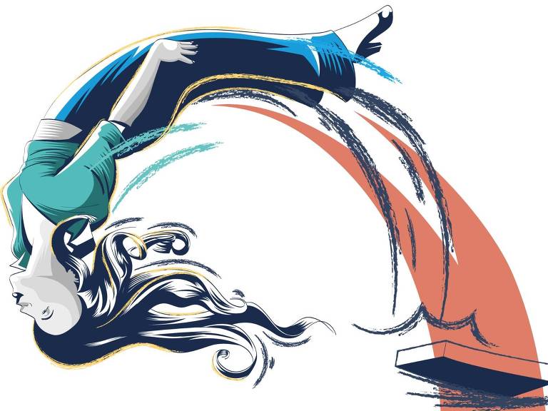 A imagem apresenta uma ilustração estilizada de uma mulher em movimento, saltando para trás. Ela está vestindo uma blusa verde e calças azuis, com os cabelos longos e soltos. O fundo é simples, com uma forma retangular que parece ser uma plataforma ou superfície. A mulher está em uma posição dinâmica, com os braços estendidos e uma expressão de liberdade.