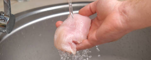 A man washes defrosted raw chicken fillet. Fresh raw chicken breast for cooking chopped chicken cutlets. A man washes a chicken fillet under a stream of water for home cooking.
( Foto:  detry26/adobe stock ) DIREITOS RESERVADOS. NÃO PUBLICAR SEM AUTORIZAÇÃO DO DETENTOR DOS DIREITOS AUTORAIS E DE IMAGEM