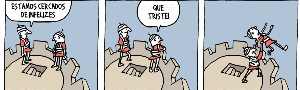 A tira de André Dahmer, publicada em 23.06.2025, tem três quadros. No primeiro, dois soldados estão em uma torre. Um deles diz para o outro: "Estamos cercados de infelizes". No segundo quadro, o outro soldado, debruçado na beirada da mureta, diz: "Que triste". No terceiro e último quadro, o primeiro soldado arremessa o segundo para fora da torre.