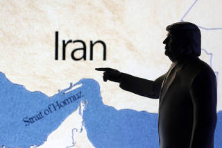 Illustration shows map showing the Strait of Hormuz, Iran and 3D printed miniature of U.S. president Donald Trump