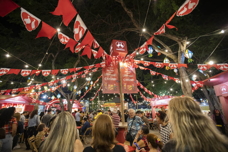 A imagem mostra um ambiente festivo com muitas pessoas. Há bandeirinhas vermelhas decorando o espaço, além de luzes penduradas que iluminam o local. Várias barracas estão visíveis, com pessoas interagindo e aproveitando a festa. O cenário é noturno, com árvores ao fundo.