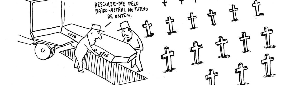 A tira de André Dahmer, publicada em 24.06.2025, tem apenas um quadro. Nele, dois coveiros desembarcam um caixão de uma carro funerário. Eles estão em um cemitério. Um deles diz para o outro, que está com a feição irritada: "Desculpe-me pelo baixo-astral no turno de ontem". 