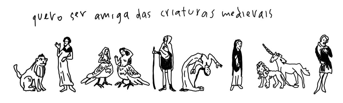 A tirinha em preto e branco de Estela May, publicada em 24/06/25, traz oito desenhos de seres medievais. Acima, “quero ser amiga das criaturas medievais”.