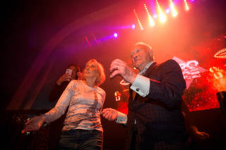 Retirement home residents Lona Neyrinck and Guillaume Vanderweyen dance at the Mirano nightclub in Brussels, May 24, 2025. (Romane Iskaria/The New York Times)