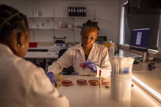 Lerato Mothogoane (R), Medical Technologist and Azalea Ngejale, laboratory Assistant conduct tests to identify and isolate anti-microbial resistant bacteria at the Wits VIDA Research Unit at Baragwanath Hospital in Johannesburg, May 28, 2025. (Gulshan Khan