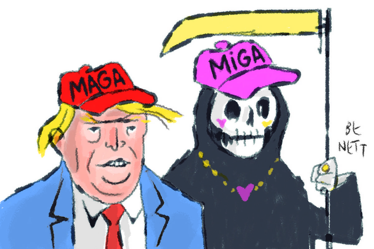 A charge de hoje da Folha, publicada em todas as suas plataformas, é de Benett (@cartunistabenett). O desenho mostra duas figuras. À esquerda, há uma caricatura de Donald Trump, vestindo um terno azul, uma camisa branca, uma gravata vermelha e um boné vermelho com a palavra "MAGA" escrita em letras pretas. À direita e ligeiramente atrás de Trump, há uma figura que se assemelha à Morte ou ao Ceifador. Esta figura é um esqueleto usando um capuz preto, um boné rosa com a palavra "MIGA" escrita em letras brancas, um colar dourado e um pequeno coração rosa. A figura segura uma foice amarela.