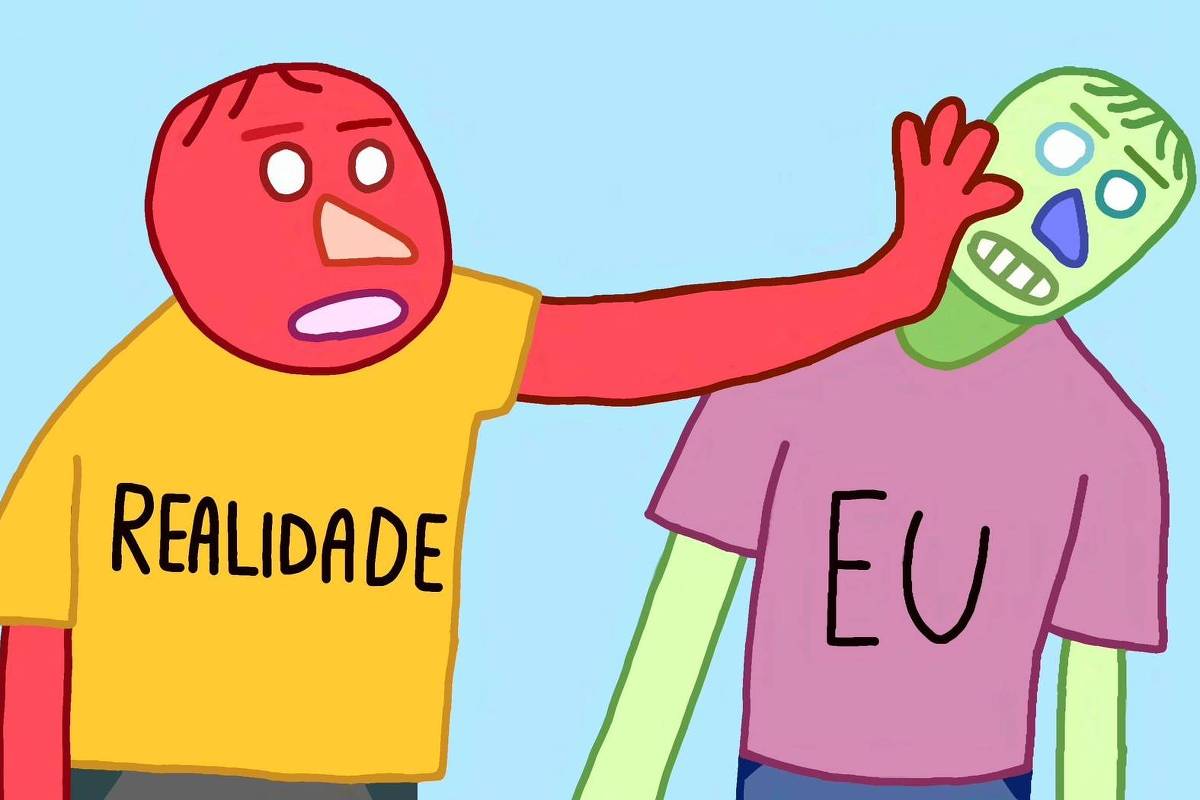 A imagem apresenta dois personagens em estilo de desenho animado. O personagem à esquerda é vermelho, com uma expressão de surpresa, e veste uma camiseta amarela com a palavra 'REALIDADE' escrita em letras grandes. O personagem à direita é verde, com uma expressão de dor ou desconforto, e usa uma camiseta rosa com a palavra 'EU'. O personagem vermelho está com a mão na face do personagem verde, como se estivesse pressionando ou confrontando-o. O fundo é azul claro.