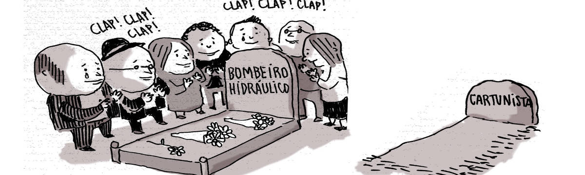 A tira de André Dahmer, publicada em 25.06.2025, tem apenas um quadro. Nele, uma pequena multidão bate palmas diante de um túmulo. No jazigo é possível ler: "Bombeiro hidráulico". Ao lado, há uma sepultura mais simples. Não há pessoas em seu entorno. na sepultura, é possível ler: "Cartunista".