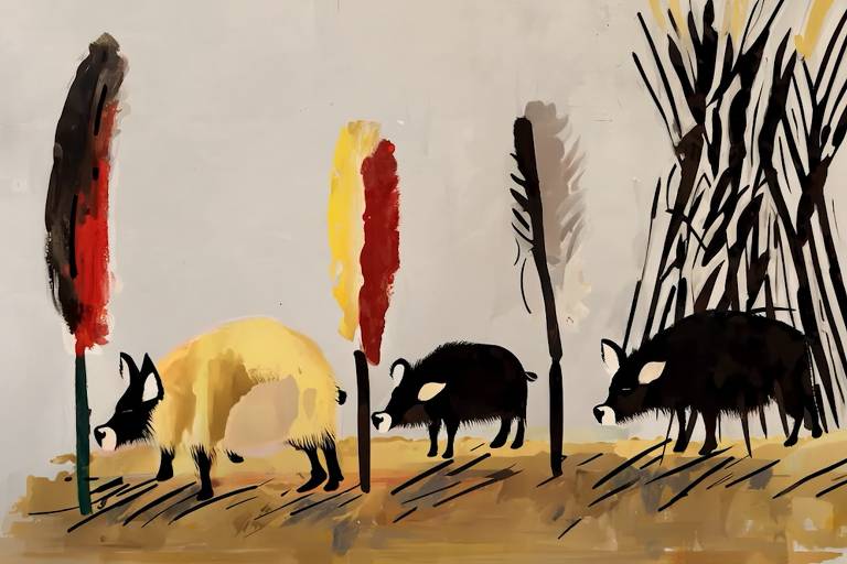 A imagem apresenta uma pintura estilizada de porcos em um ambiente rural. Há três porcos, sendo um deles amarelo e os outros dois pretos. Eles estão posicionados em frente a hastes coloridas, que são vermelhas, amarelas e verdes. Ao fundo, há uma representação de canas ou vegetação, com traços escuros e verticais, criando um contraste com os porcos e as hastes coloridas.