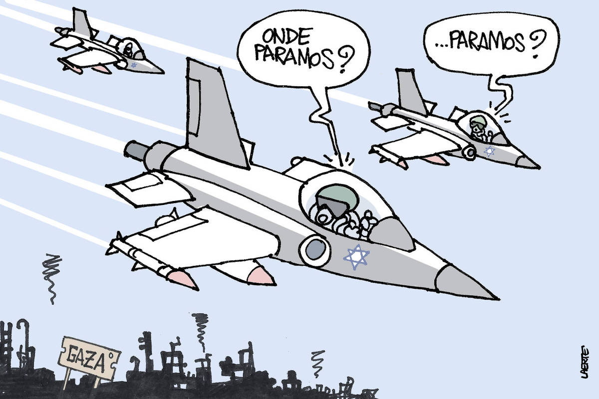 Charge de Laerte. Caças isralenses, com bombas para descarregar, sobrevoam Gaza, que está já em ruínas. Um dos pilotos olha pra baixo e pergunta: “Onde paramos?” Outro piloto também pergunta: “…paramos?”