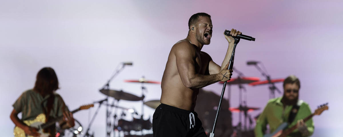 RIO DE JANEIRO, RJ, BRASIL, 15-09-2024: Show da banda Imagine Dragons, no palco Mundo, durante o segundo dia do primeiro final de semana do festival Rock in Rio, no Parque Olímpido, na zona oeste do Rio de Janeiro. (Foto: Eduardo Anizelli/Folhapress, ILUSTRADA)