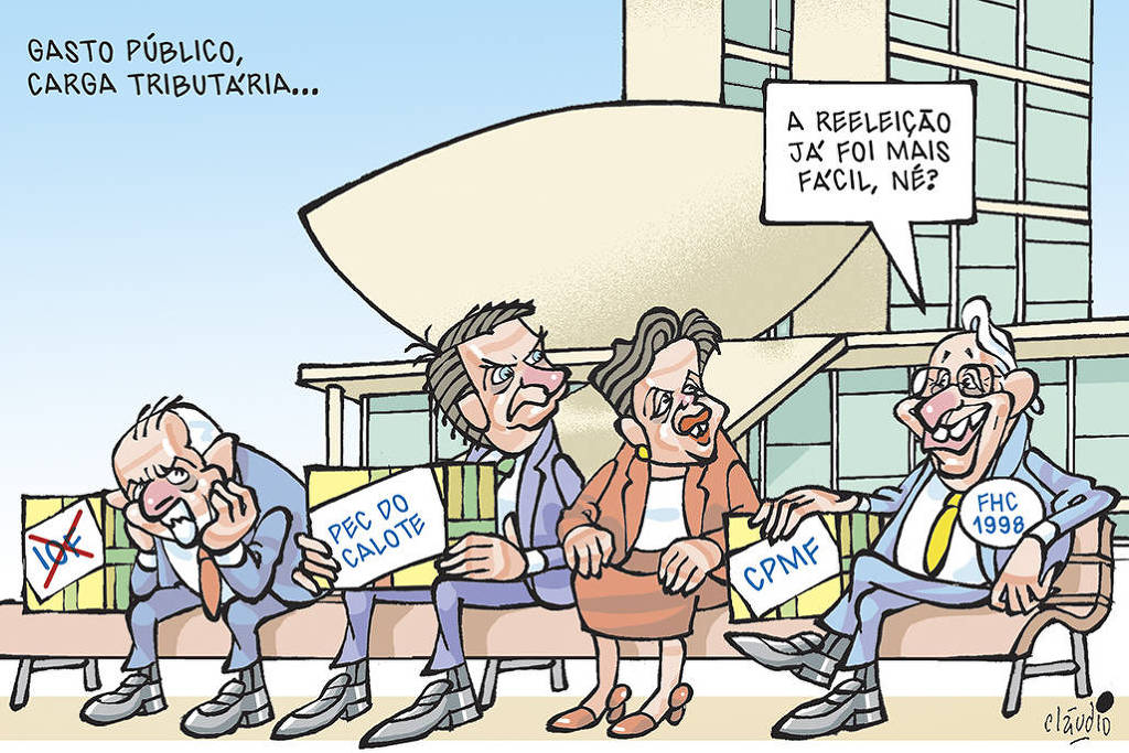 O título da charge é “Gasto público, carga tributária...”. O desenho mostra Lula e os ex-presidentes Jair Bolsonaro, Dilma Rousseff e Fernando Henrique Cardoso sentados em um banco de praça. Atrás deles, ao fundo, aparece o Congresso Nacional. Ao lado de Lula há um pequeno pacote com a etiqueta “IOF”. Bolsonaro segura no colo um outro pacote, com a etiqueta “PEC do Calote". Fernando Henrique apoia a mão em um pacote com a etiqueta “CPMF”. Ele diz:  - A reeleição já foi mais fácil, né?