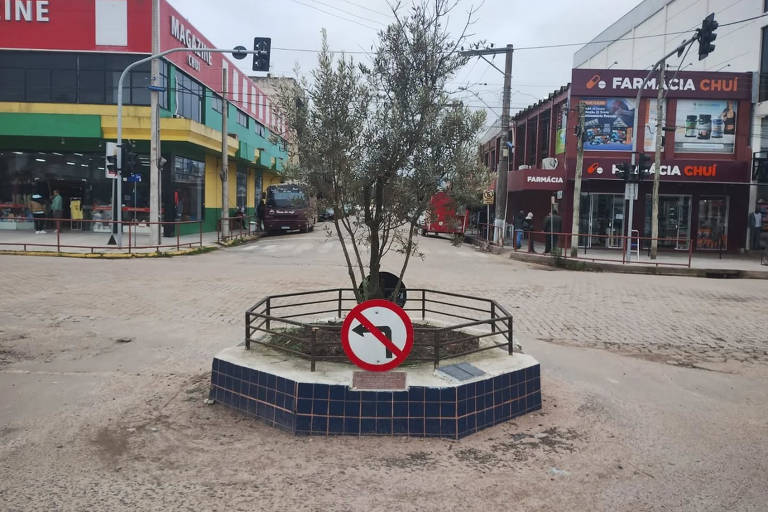 A imagem mostra uma rotatória em uma área urbana. No centro da rotatória, há uma árvore cercada por uma grade. Em frente à árvore, há um sinal de proibição de cães, representado por um círculo vermelho com uma linha diagonal. Ao fundo, é possível ver lojas e estabelecimentos comerciais, incluindo uma farmácia e um mercado. O céu está nublado e a rua parece estar em um estado de terra ou cascalho.