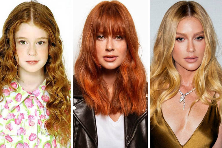A imagem apresenta três mulheres em um formato de colagem. A primeira mulher, à esquerda, tem cabelo cacheado e ruivo, vestindo uma blusa com estampa de flores. A segunda mulher, no centro, possui cabelo liso e ruivo com franjas, usando uma jaqueta de couro preta. A terceira mulher, à direita, tem cabelo liso e loiro, vestindo uma blusa dourada. O fundo é neutro, destacando as figuras.