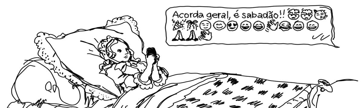 A tirinha em preto e branco de Estela May, publicada em 28/06/25, traz uma menina deitada na cama, com o rosto apático e o celular na mão. Ao lado, uma mensagem de texto de celular que diz “Acorda geral, é sabadão!!