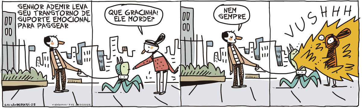 A imagem é uma tira de quadrinhos que mostra um personagem chamado Senhor Ademir, levando seu 'transtorno de suporte emocional' para passear. Ele está na rua, segurando uma coleira que prende uma criatura verde com características de um monstro. Uma pessoa se aproxima e pergunta se a criatura morde, e o Senhor Ademir responde que 'nem sempre'. Na última parte da tira, a criatura parece atacar o outro personagem, emitindo um som de 'VUSHHH' enquanto fogo sai de sua boca. O cenário é urbano, com prédios ao fundo.