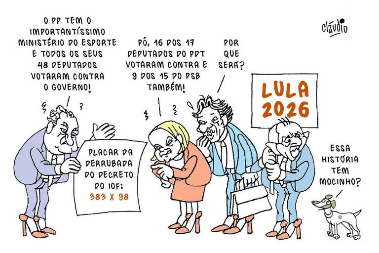  - Por que será? Lua segura um cartaz com a inscrição Lula 2026. No canto do desenho, um vira-lata pergunta: - Essa história tem mocinho?