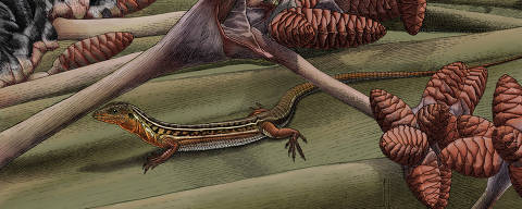 Reconstituição de Calanguban alamoi em seu paleohabitat