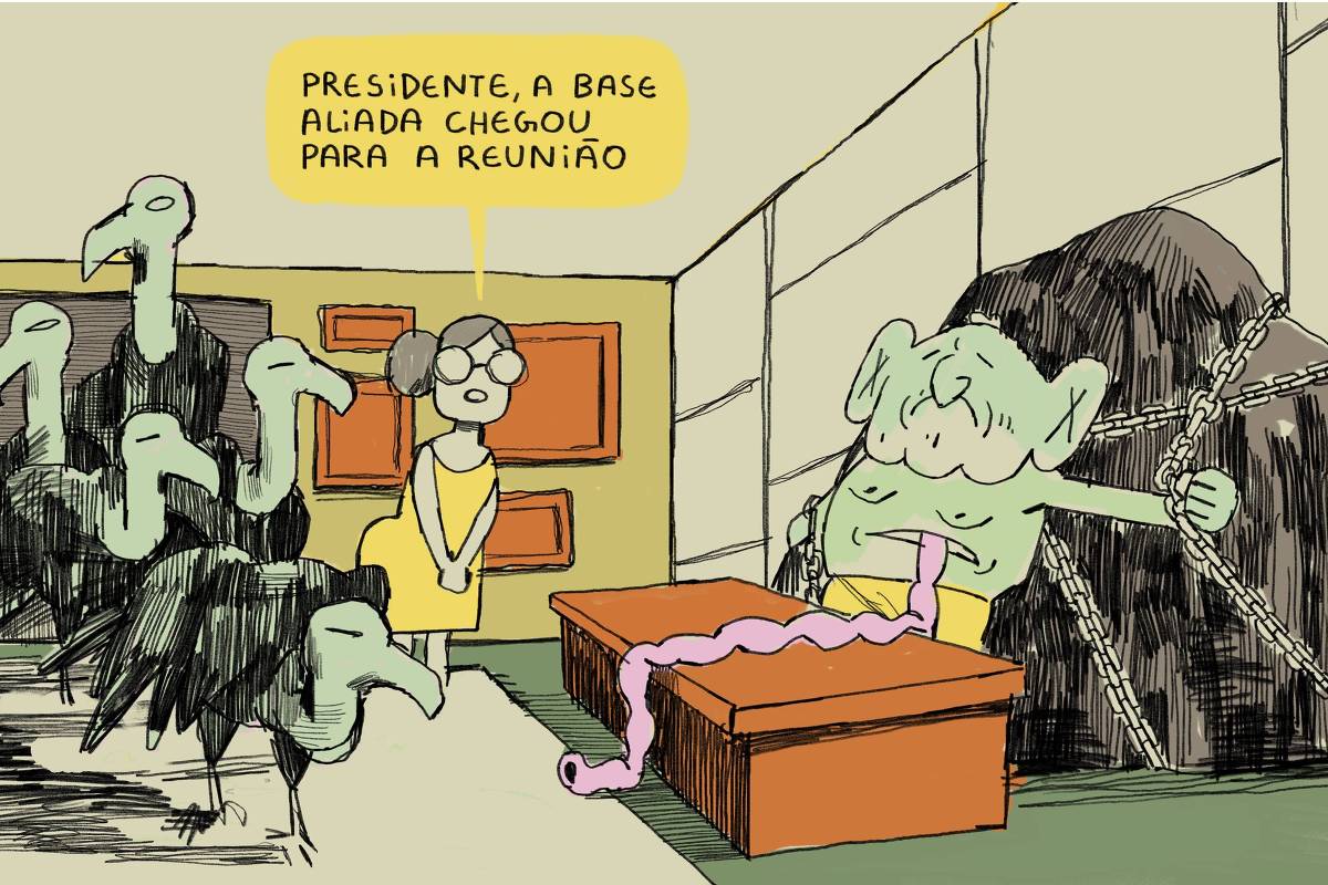 A imagem mostra uma cena de uma reunião em um ambiente com paredes claras. À esquerda, há várias criaturas como urubus com cabeças de pássaros, parecendo vultos. No centro, uma mulher com óculos e vestido amarelo está em pé, olhando para uma mesa. À direita, atrás da mesa, o presidente Lula aparece em tons verdes, aparentando palidez com um corte na barriga e as víceras para fora, ele está preso por correntes. Um balão de fala acima da mulher diz: 'Presidente, a base aliada chegou para a reunião'.