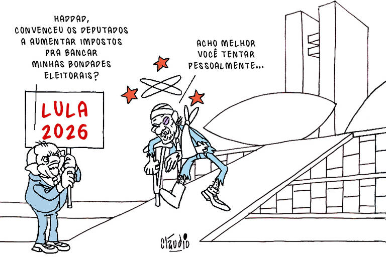 A imagem é uma charge política que retrata um personagem segurando um cartaz com a inscrição 'LULA 2026'. Ao fundo, há uma figura caricaturada de um político, que parece estar se dirigindo a outro personagem, sugerindo que é melhor ele tentar algo pessoalmente. O cenário inclui elementos arquitetônicos que lembram o Congresso Nacional do Brasil, com uma estética de desenho animado.