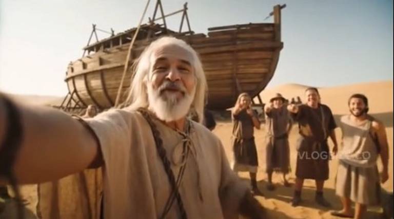 Um grupo de pessoas está posando para uma foto em um deserto, com um grande barco de madeira ao fundo. O homem à frente, com cabelo e barba brancos, está sorrindo e segurando a câmera. Os outros membros do grupo estão atrás dele, alguns acenando e sorrindo. O céu é claro e o ambiente é árido, com dunas de areia visíveis ao redor.