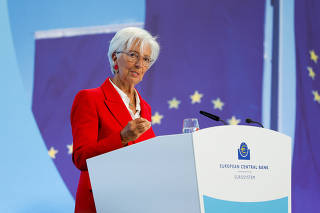 European Central Bank President Christine Lagarde addresses the media in Frankfurt